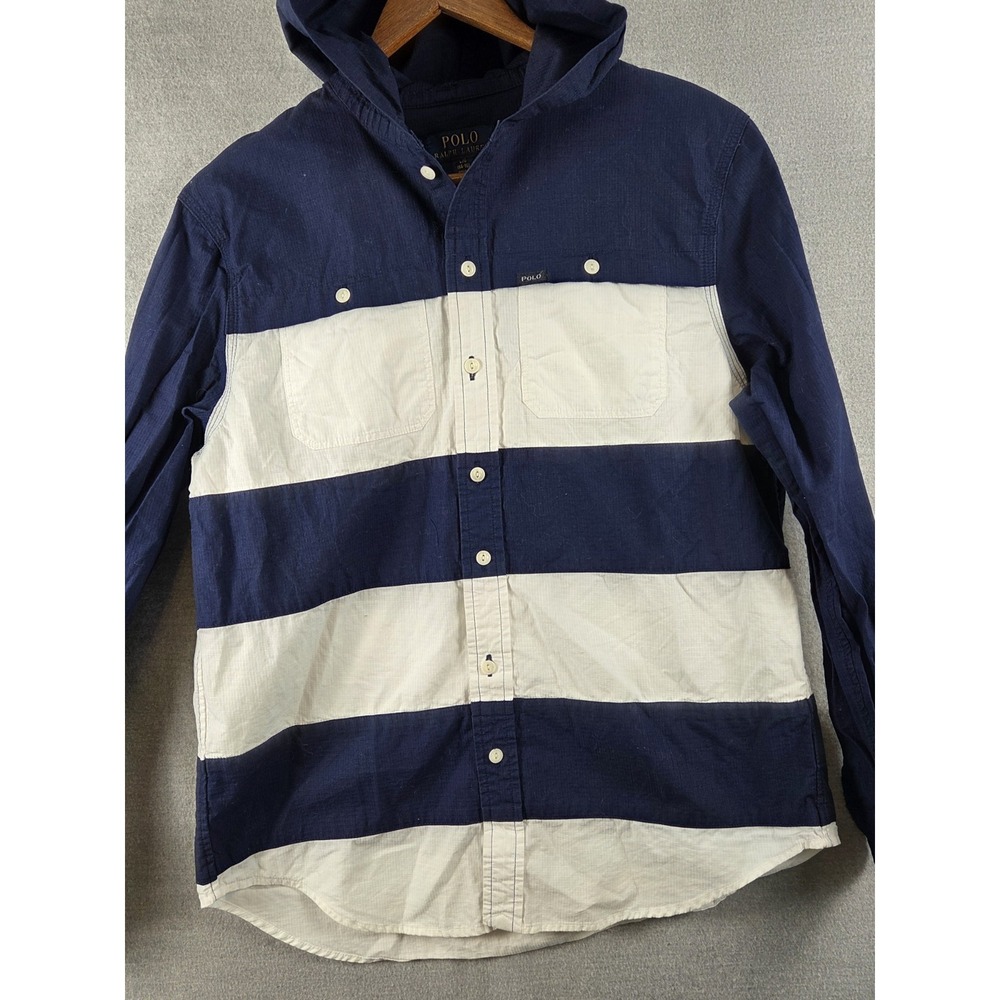 Polo Ralph Lauren Boys L 14-16 Hooded Shirt Jacket Button Down Navy White Stripe
